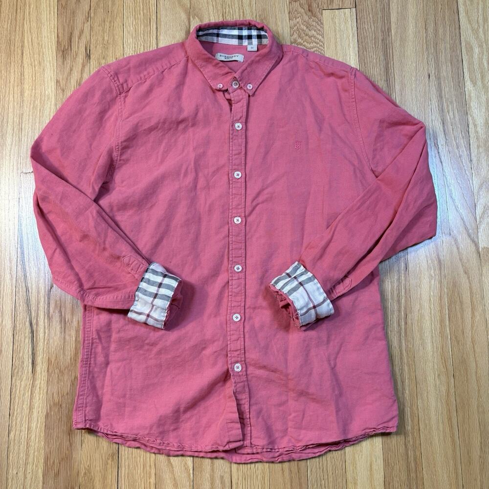 Burberry Brit Men’s M Pink Linen Cotton Button Down Shirt Nova Check Flip Cuffs